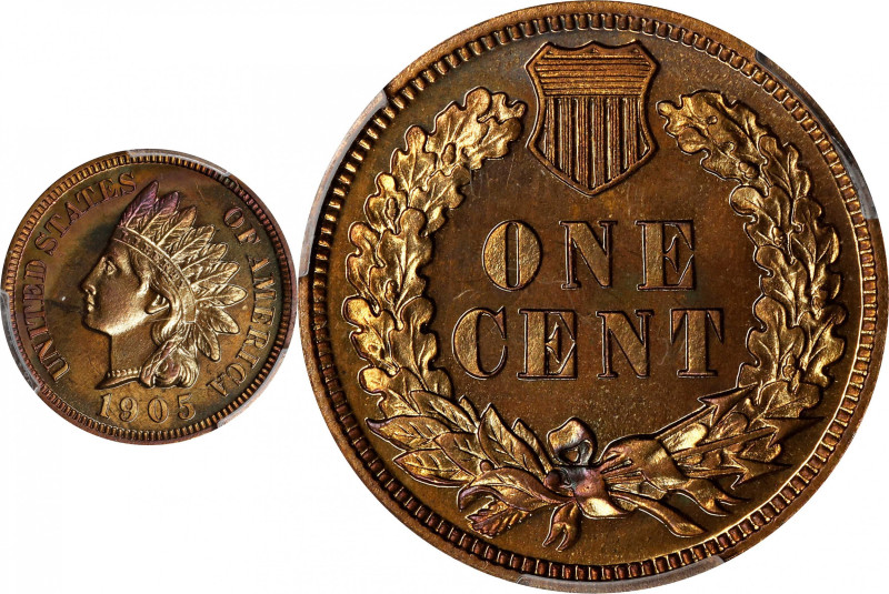 1905 Indian Cent. Proof-66 RD (PCGS).
A glorious Gem, we note vivid colors of g...