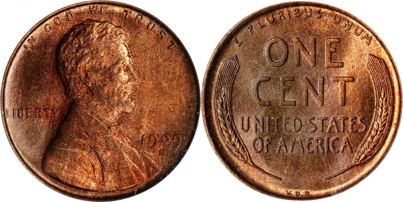 1909-S Lincoln Cent. V.D.B. MS-65 RD (PCGS).
A glowing reddish-orange and pinki...