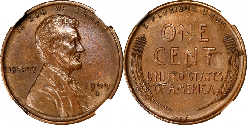 1909-S Lincoln Cent. V.D.B. Reverse Lamination. MS-62 BN (NGC).
This is the fir...