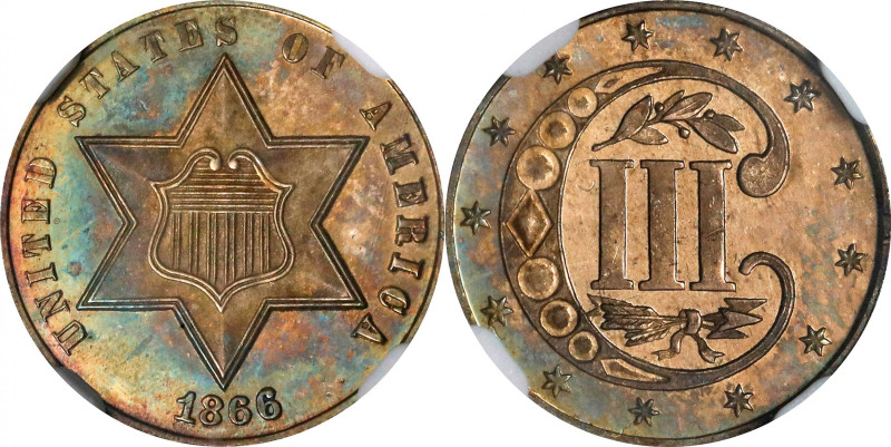 1866 Silver Three-Cent Piece. Proof-65 (NGC). CAC.
Warmly toned in dominant san...