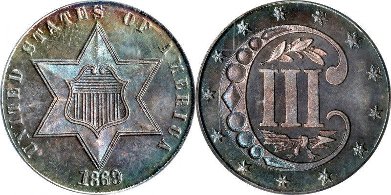 1869/'8' Silver Three-Cent Piece. Proof-66 (PCGS).
This enchanting specimen is ...