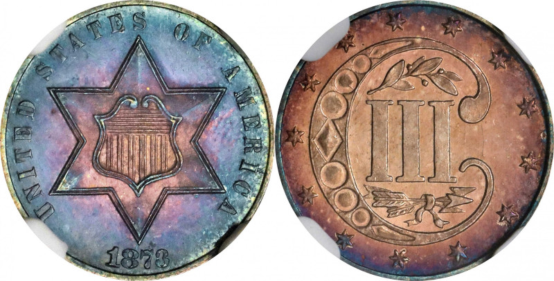 1873 Silver Three-Cent Piece. Close 3. Proof-64 (NGC). CAC.
Rich steel-blue and...