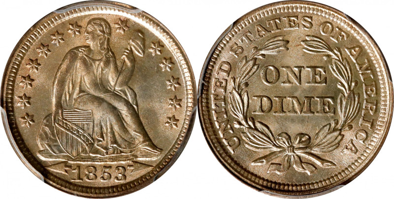 1853 Liberty Seated Dime. Arrows. MS-66+ (PCGS). CAC.
Dusted with iridescent ch...