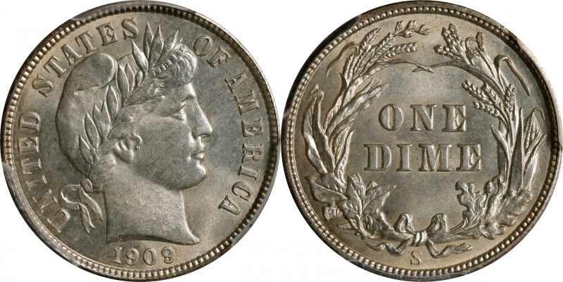 1909-S Barber Dime. MS-65 (PCGS).
Soft satin luster flows over smooth, virtuall...