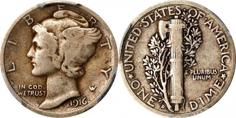 1916-D Mercury Dime. Fine-12 (PCGS).
Boldly defined for all major design elemen...