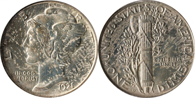 1921-D Mercury Dime. MS-64 FB (PCGS).
Lightly toned in mottled smoky-silver, th...