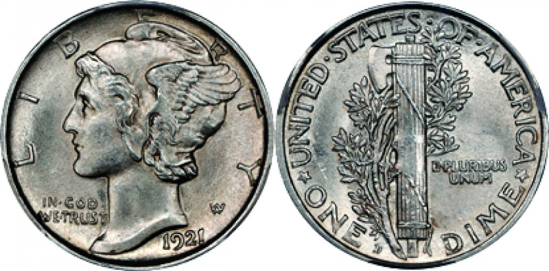 1921-D Mercury Dime. MS-63 (PCGS).
From a key date Mercury dime issue comes thi...