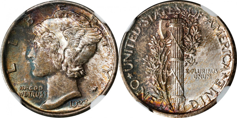 1923-S Mercury Dime. MS-65 FB (NGC).
Delightful Gem Full Bands quality for this...