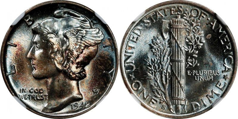 1942-S Mercury Dime. MS-68 * FB (NGC).
A vividly toned and highly attractive pi...