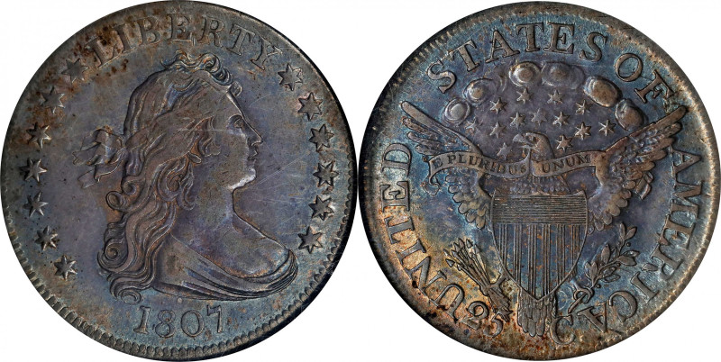 1807 Draped Bust Quarter. B-1. Rarity-2. AU-55 (NGC).
From the final year of th...