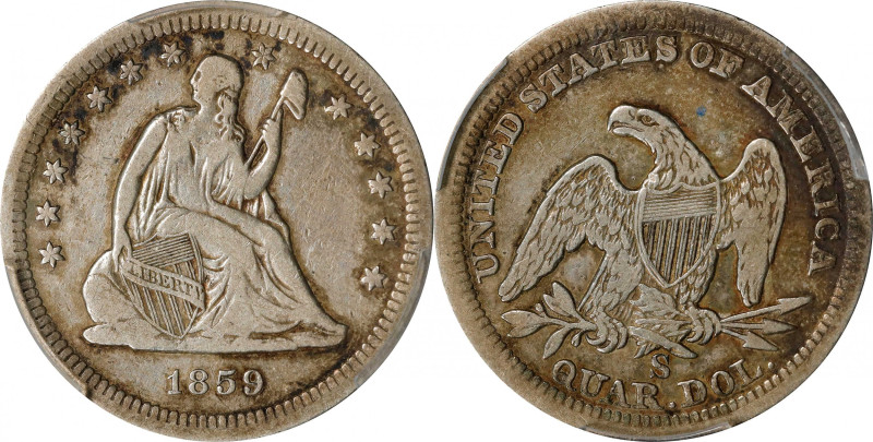 1859-S Liberty Seated Quarter. Briggs 1-A, the only known dies. VF-25 (PCGS).
W...