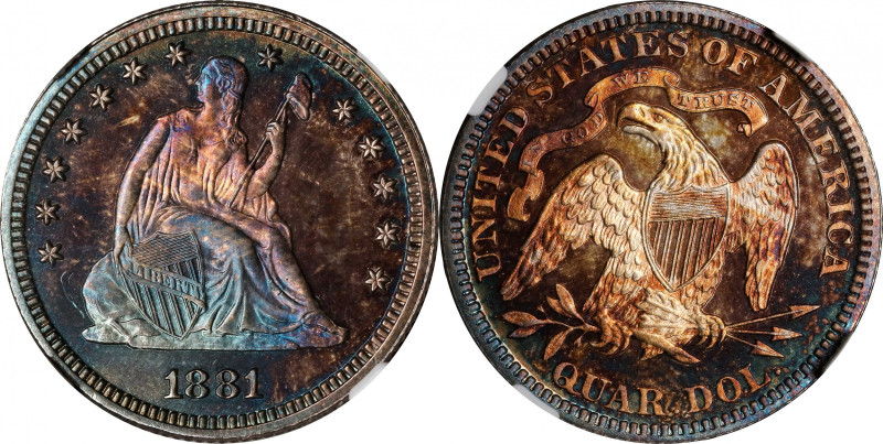 1881 Liberty Seated Quarter. Proof-66 (NGC).
Splendid toning in cobalt blue, re...