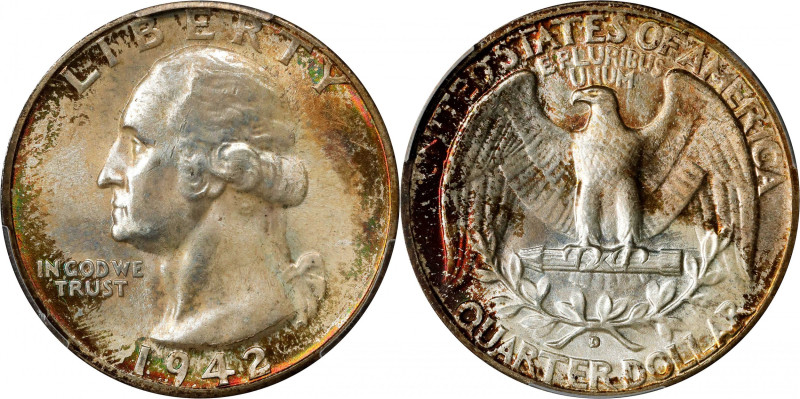 1942-D Washington Quarter. MS-67+ (PCGS). CAC.
A warmly toned and undeniably or...