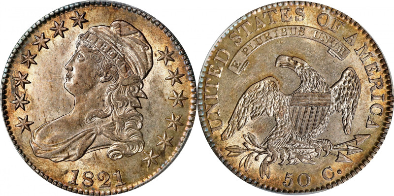 1821 Capped Bust Half Dollar. O-103. Rarity-1. AU-58 (PCGS).
Soft champagne-apr...