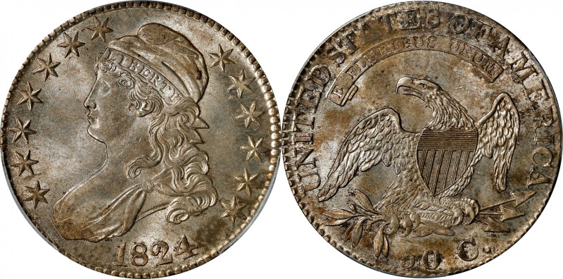 1824 Capped Bust Half Dollar. O-111. Rarity-3. MS-62 (PCGS).
Highly lustrous, s...