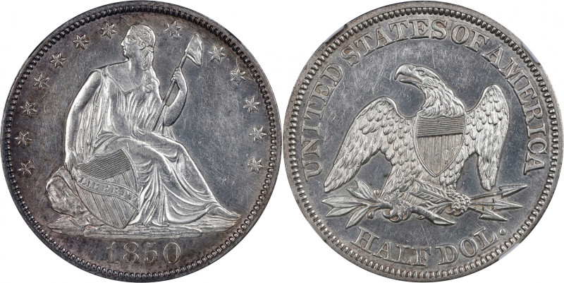 1850 Liberty Seated Half Dollar. WB-2. Rarity-3. Repunched Date. AU-58 (NGC).
A...