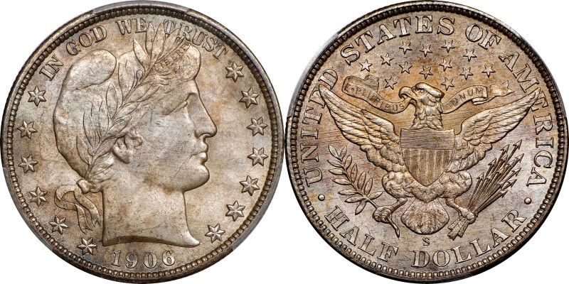 1906-S Barber Half Dollar. MS-65 (PCGS). CAC.
Dusted with soft pearl-gray and i...