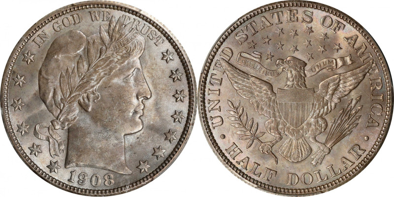 1908 Barber Half Dollar. MS-65 (PCGS). CAC.
Full, billowy mint luster blends wi...