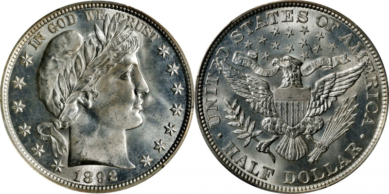 1892 Barber Half Dollar. MS-66 (PCGS). CAC.
Creamy, satiny surfaces are fully b...