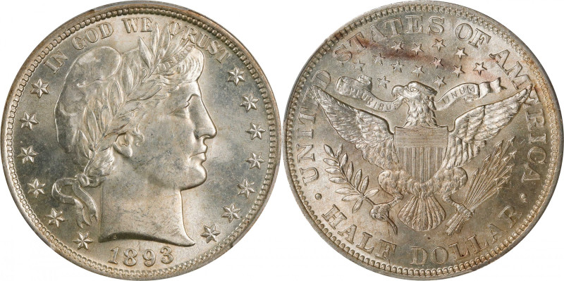 1893 Barber Half Dollar. MS-64 (PCGS).
Virtually brilliant with a sharp strike ...