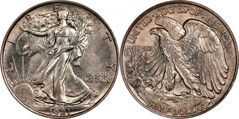 1921 Walking Liberty Half Dollar. AU-55 (NGC). CAC.
Delicate champagne-pink iri...