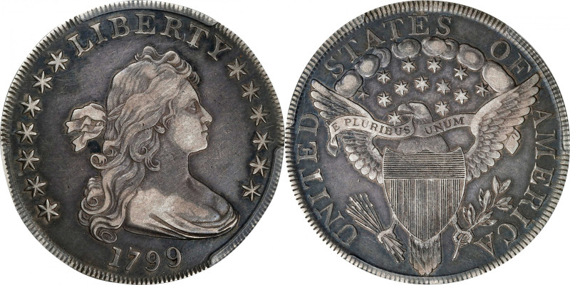 1799 Draped Bust Silver Dollar. BB-160, B-12. Rarity-3. VF-35 (PCGS).
Classic l...