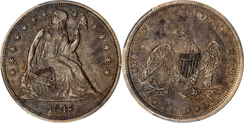 1845 Liberty Seated Silver Dollar. OC-P1. Rarity-7-. Repunched Date. Proof-40 (P...