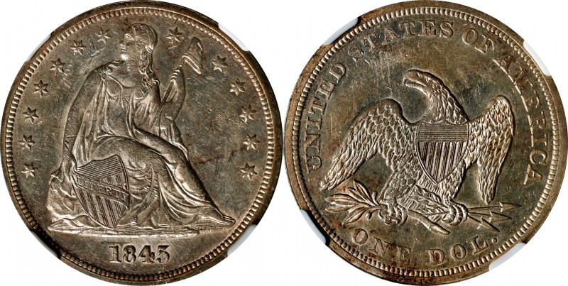 1845 Liberty Seated Silver Dollar. OC-1. Rarity-2. AU-58 (NGC).
A sharply struc...