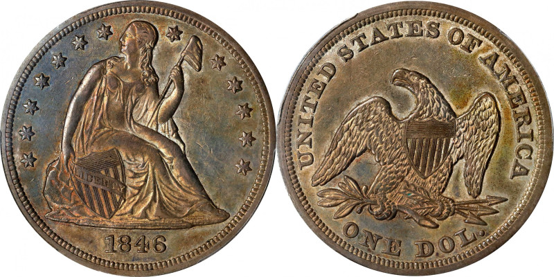 1846 Liberty Seated Silver Dollar. OC-1. Rarity-1. Repunched Date. AU-55 (PCGS)....