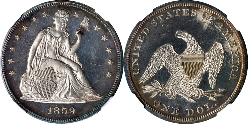 1859 Liberty Seated Silver Dollar. Proof-63+ Cameo (NGC). CAC.
This delightful ...