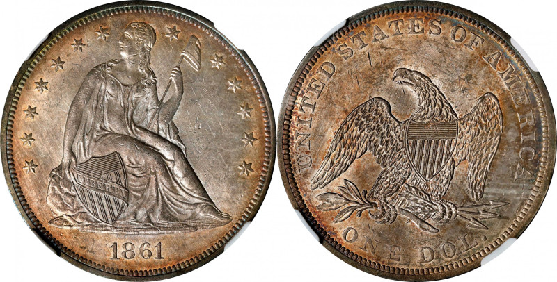 1861 Liberty Seated Silver Dollar. OC-1. Rarity-5+. MS-61 (NGC).
Offered is an ...