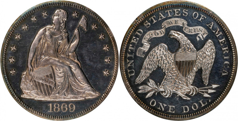 1869 Liberty Seated Silver Dollar. Proof-63 Cameo (PCGS). CAC.
Lightly toned, a...