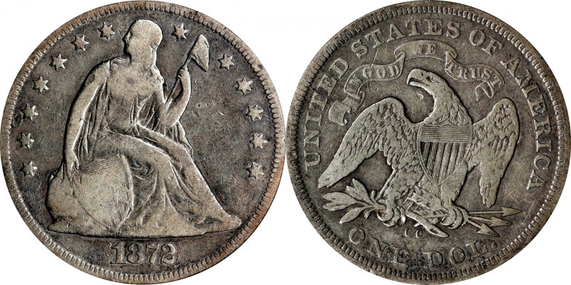 1872-CC Liberty Seated Silver Dollar. OC-1, the only known dies. Rarity-3+. VG-8...