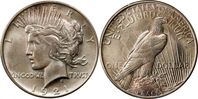 1921 Peace Silver Dollar. High Relief. MS-64 (PCGS). CAC.
Smooth and lustrous p...