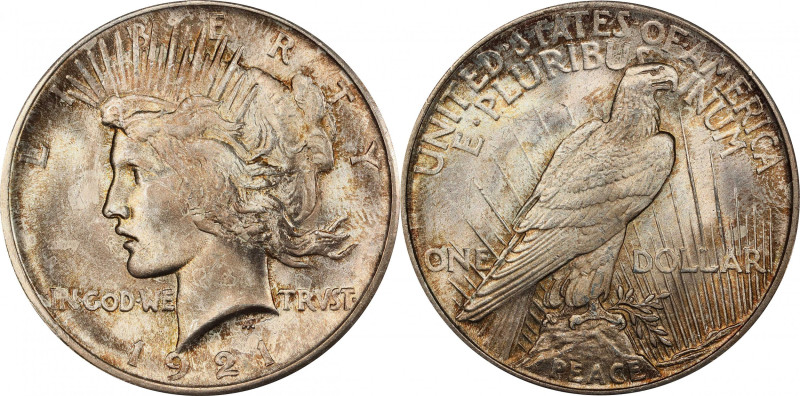 1921 Peace Silver Dollar. High Relief. MS-64 (PCGS). CAC.
Iridescent olive-russ...