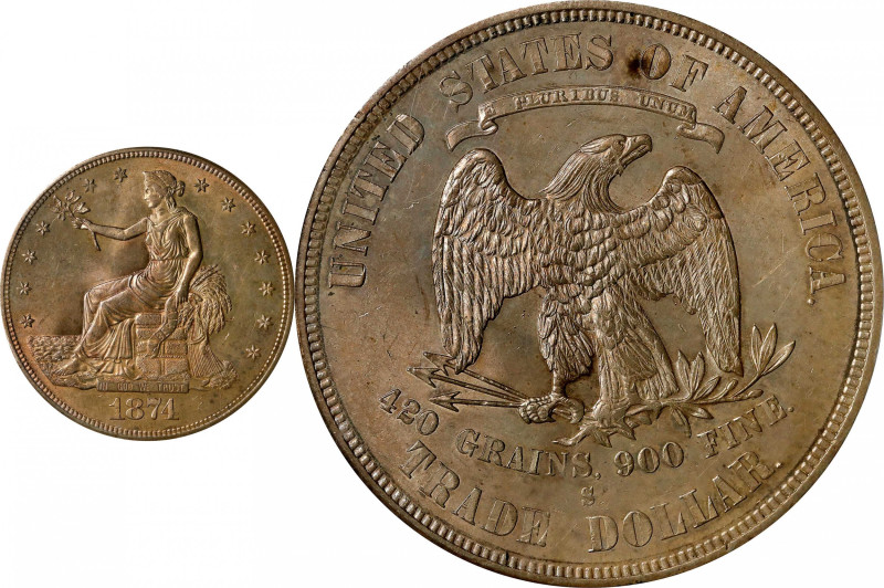 1874-S Trade Dollar. MS-63 (PCGS). OGH.
A fully struck, softly frosted example ...