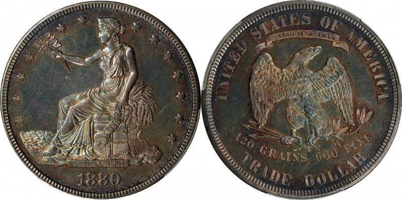 1880 Trade Dollar. Proof-63 (PCGS). CAC.
A richly toned, generally boldly struc...