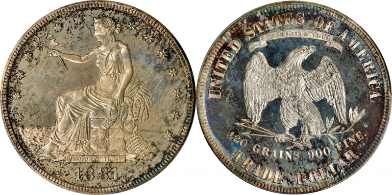 1881 Trade Dollar. Proof-65 (PCGS).
Engaging sandy-silver and russet toning ado...