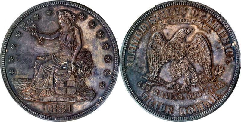 1881 Trade Dollar. Proof-63 (PCGS).
Rich steely-charcoal and pewter-gray patina...