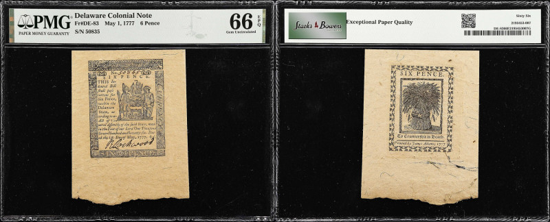 DE-83. Delaware. May 1, 1777. 6 Pence. PMG Gem Uncirculated 66 EPQ.
No. 50835. ...