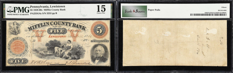Lewistown, Pennsylvania. Mifflin County Bank. 1861 $5. PMG Choice Fine 15.
(PA-...