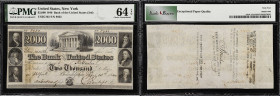 Philadelphia, Pennsylvania. Bank of the United States (3rd). 1840 $2000. PMG Choice Uncirculated 64 EPQ.
Full frame lines and plentiful margins are f...