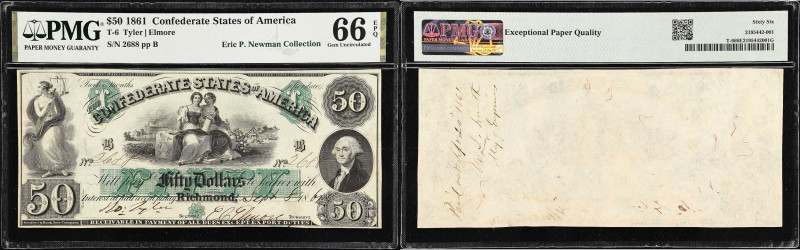 T-6. Confederate Currency. 1861 $50. PMG Gem Uncirculated 66 EPQ.
Plate B. No. ...