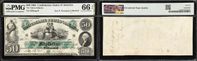 T-6. Confederate Currency. 1861 $50. PMG Gem Uncirculated 66 EPQ.
Plate B. No. 2688. Imprint of Southern Bank Note Company. Green panel protector and...