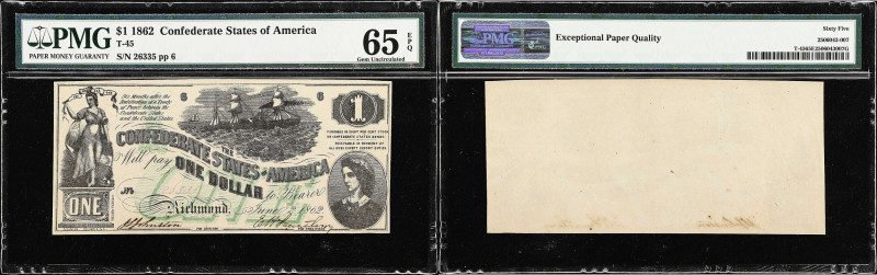 T-45. Confederate Currency. 1862 $1. PMG Gem Uncirculated 65 EPQ.
No. 26335. Pl...