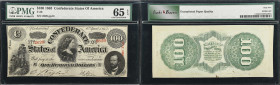 T-56. Confederate Currency. 1863 $100. PMG Gem Uncirculated 65 EPQ.
No. 2629. Plate D. Printed by Keatinge & Ball in Columbia, SC. July, 1863 stamp a...