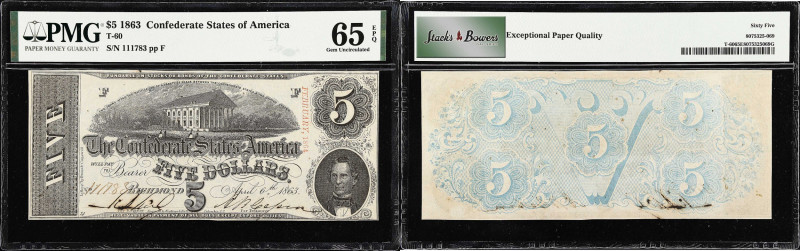 T-60. Confederate Currency. 1863 $5. PMG Gem Uncirculated 65 EPQ.
No. 111783. P...