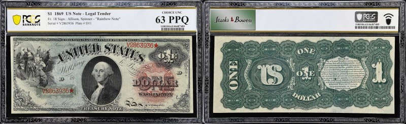 Fr. 18. 1869 $1 Legal Tender Note. PCGS Banknote Choice Uncirculated 63 PPQ.
On...