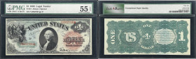Fr. 18. 1869 $1 Legal Tender Note. PMG About Uncirculated 55 EPQ.
A highly coveted Ace from the venerated Rainbow Series of 1869. The undertints are ...