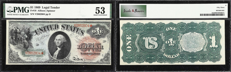 Fr. 18. 1869 $1 Legal Tender Note. PMG About Uncirculated 53.
An attractive Abo...